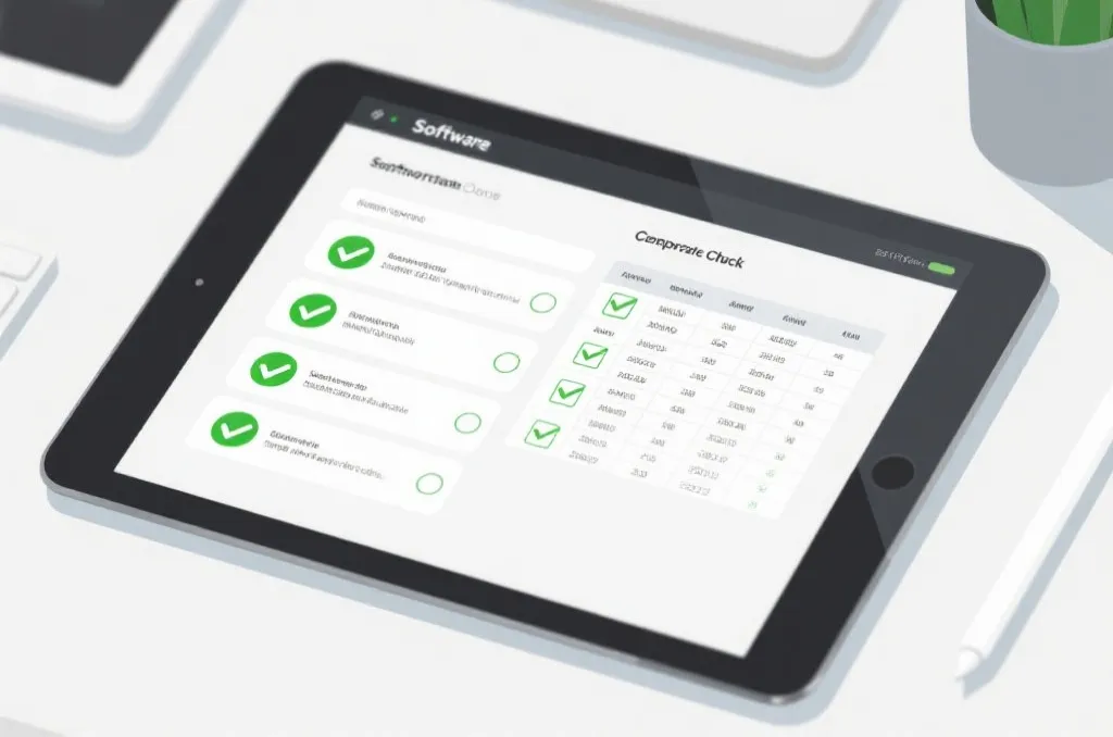 An editorial style illustration of a software comparison checklist on a tablet screen, showing green checkmarks and data tables